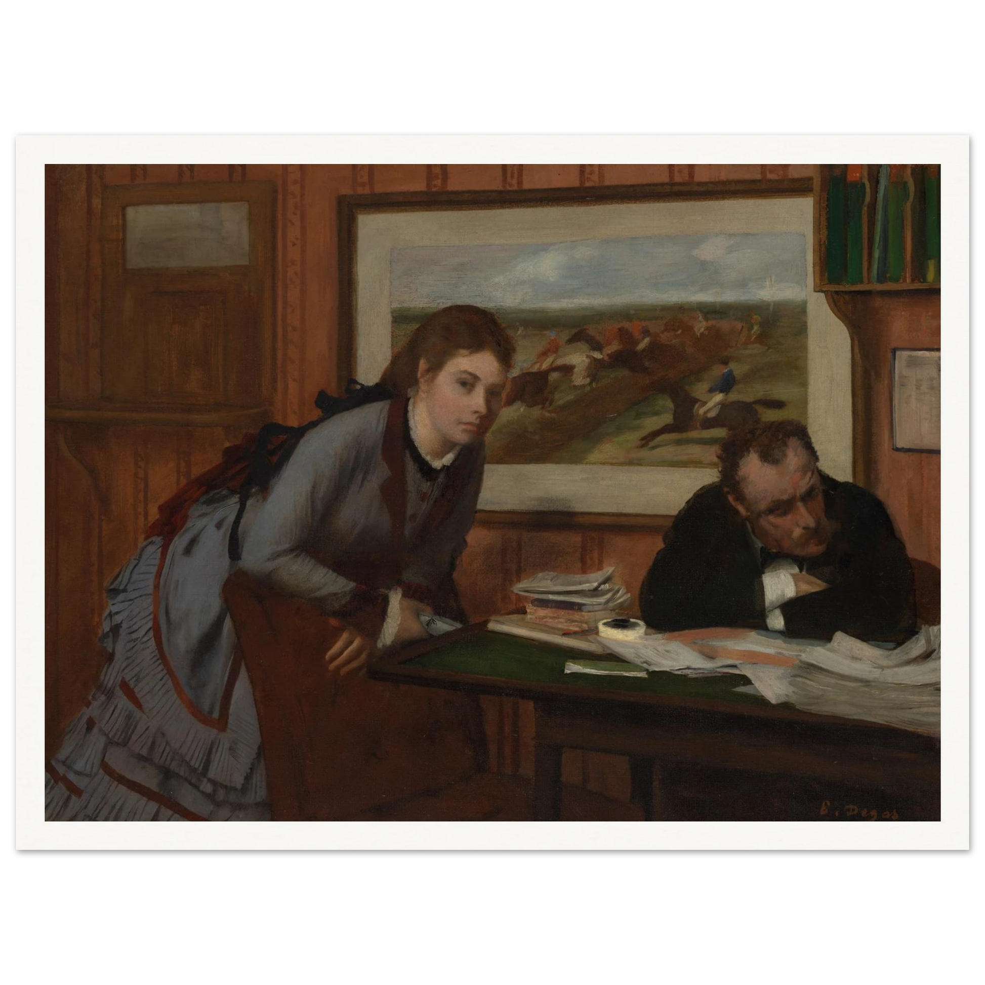 Woman leans over a chair beside a man at a desk, with a horse race painting behind them