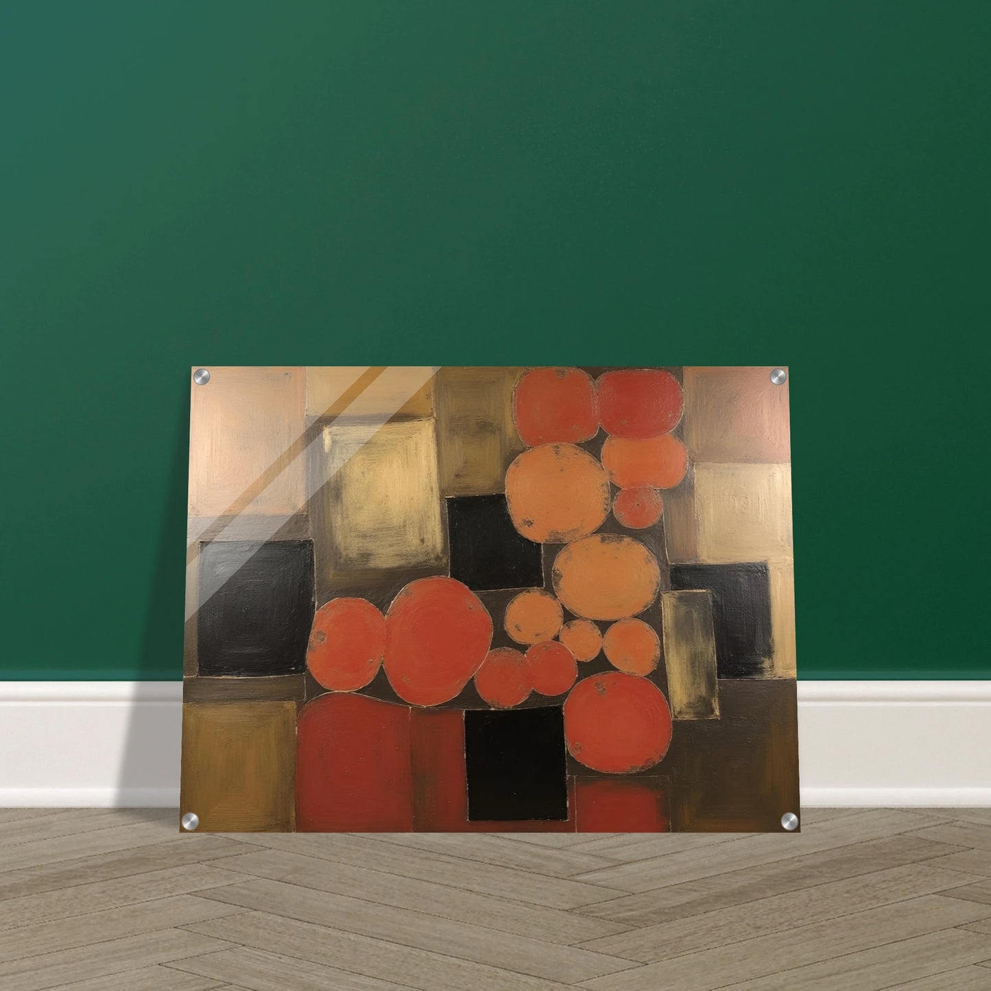 Warm orange and brown circles overlap dark squares in a geometric field, creating a rhythmic balance of earth tones and light.