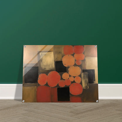 Warm orange and brown circles overlap dark squares in a geometric field, creating a rhythmic balance of earth tones and light.