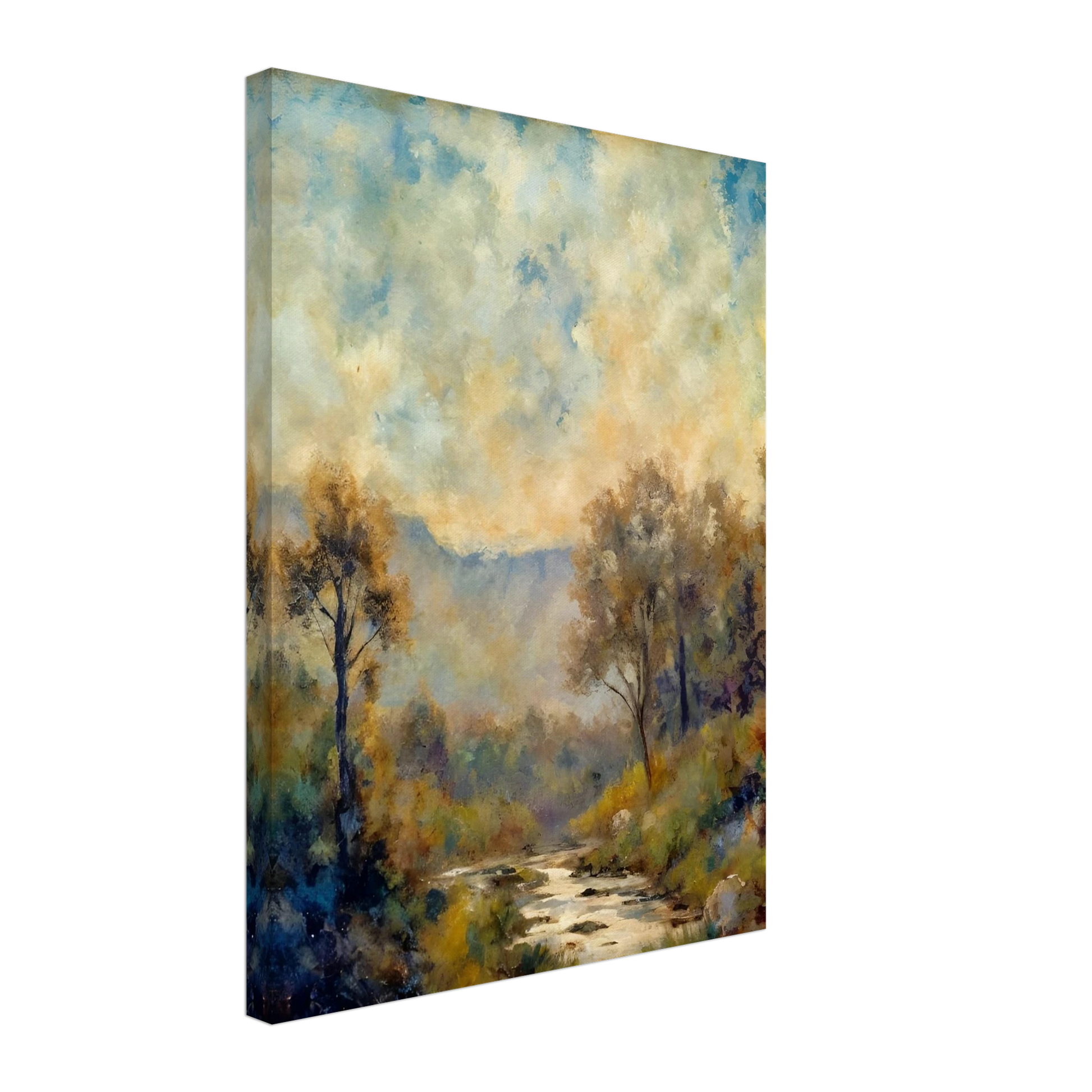 A misty river winds through a sun-dappled forest with soft blue mountains and cloudy skies in the distance.