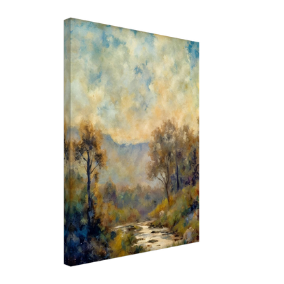A misty river winds through a sun-dappled forest with soft blue mountains and cloudy skies in the distance.