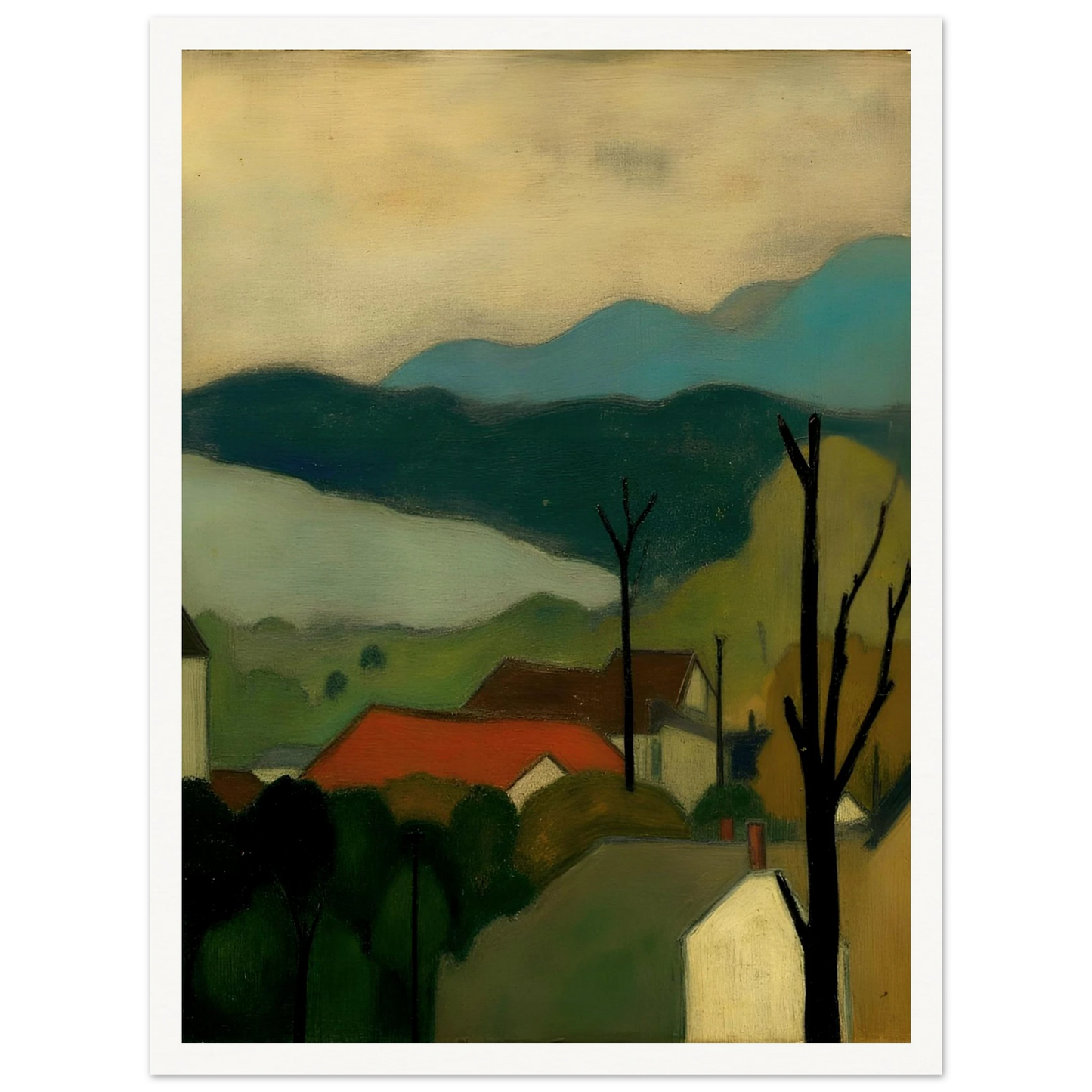 A serene landscape painting depicting a small village with red-roofed houses nestled among trees, set against layered blue-green mountains and a pale sky. Bare tree silhouettes frame the peaceful countryside scene.