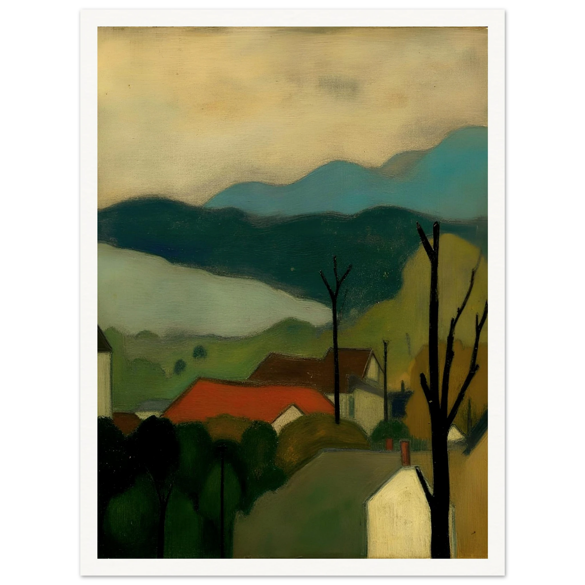 A serene landscape painting depicting a small village with red-roofed houses nestled among trees, set against layered blue-green mountains and a pale sky. Bare tree silhouettes frame the peaceful countryside scene.