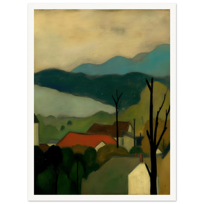 A serene landscape painting depicting a small village with red-roofed houses nestled among trees, set against layered blue-green mountains and a pale sky. Bare tree silhouettes frame the peaceful countryside scene.