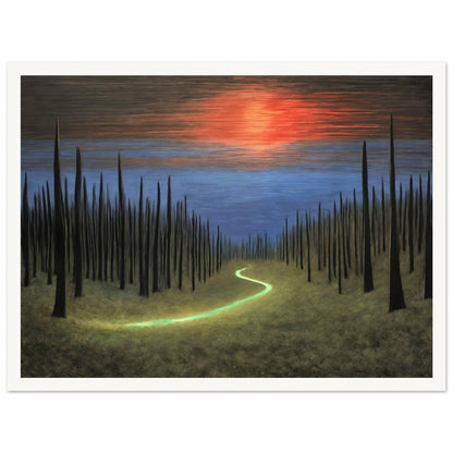 A surreal painting of a glowing green path cutting through a field of tall, dark spires under a vibrant sunset sky.