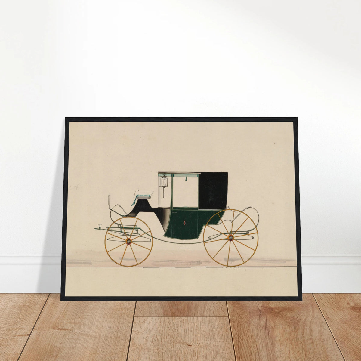 A green and black brougham carriage with yellow wheels is shown in side profile on a pale ground.