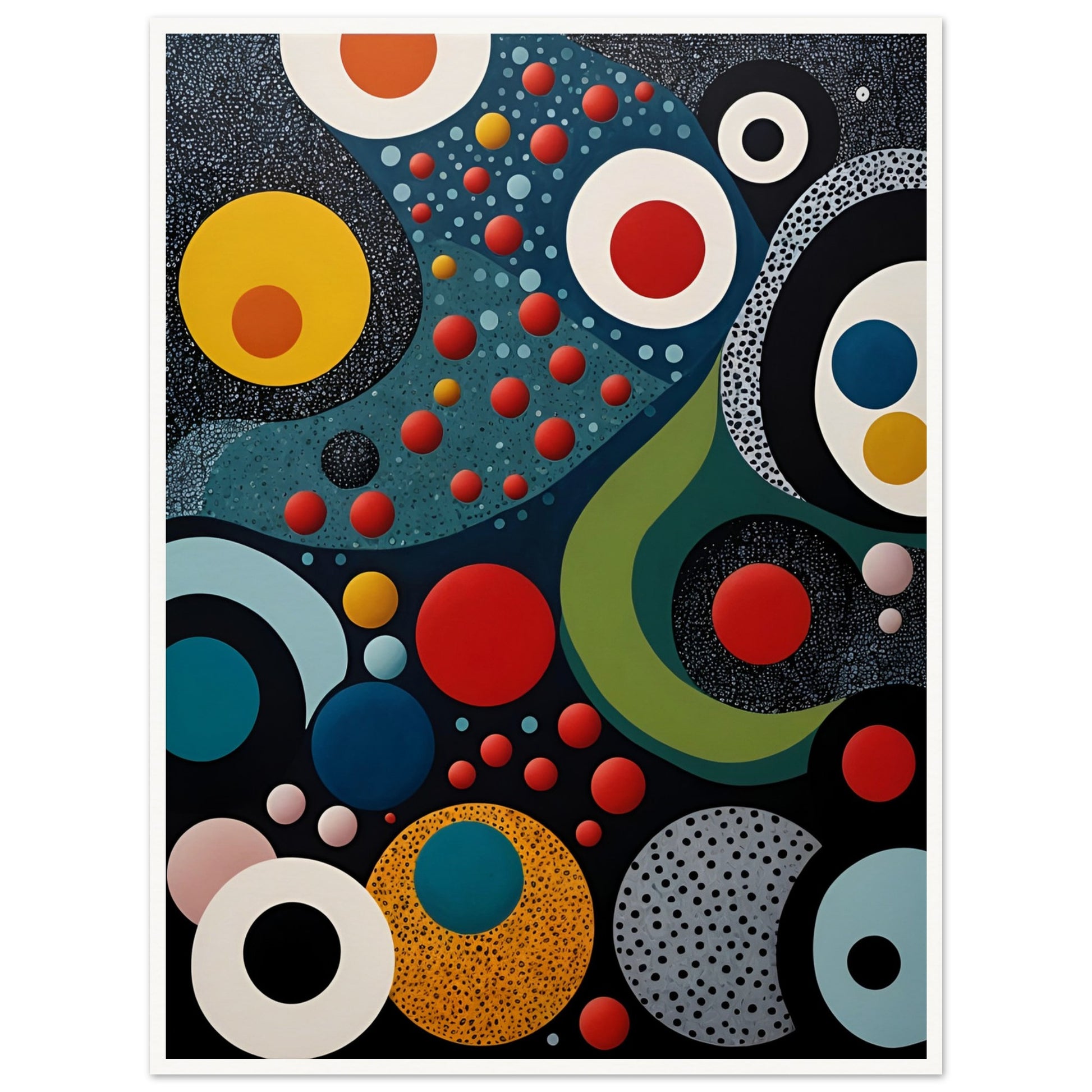 A vibrant geometric painting with bold circles, dots, and flowing shapes in red, blue, yellow, and black, resembling a cosmic abstract scene.