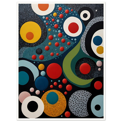 A vibrant geometric painting with bold circles, dots, and flowing shapes in red, blue, yellow, and black, resembling a cosmic abstract scene.