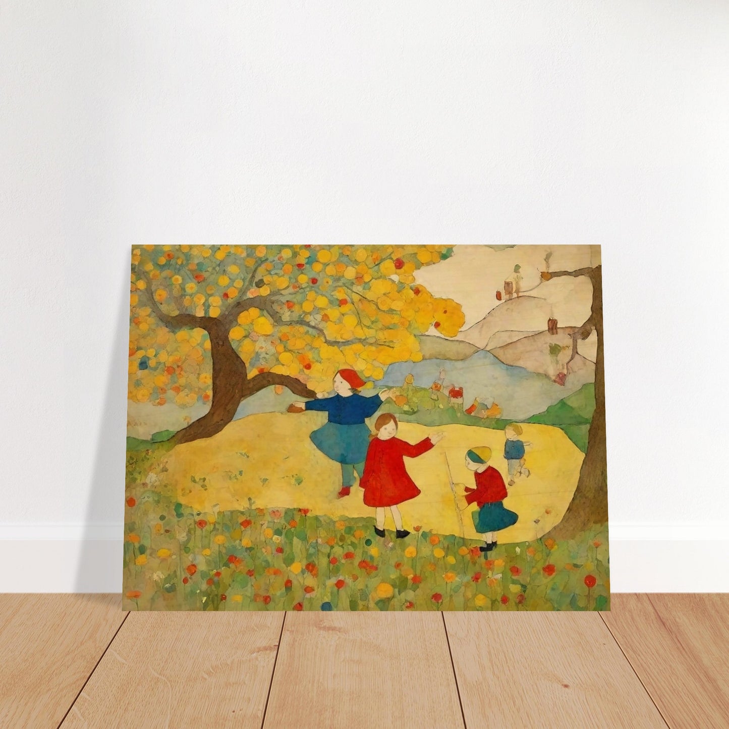 "A whimsical painting of children playing under a tree in a colorful meadow, with vibrant yellow leaves, bright flowers, and rolling hills in the background."