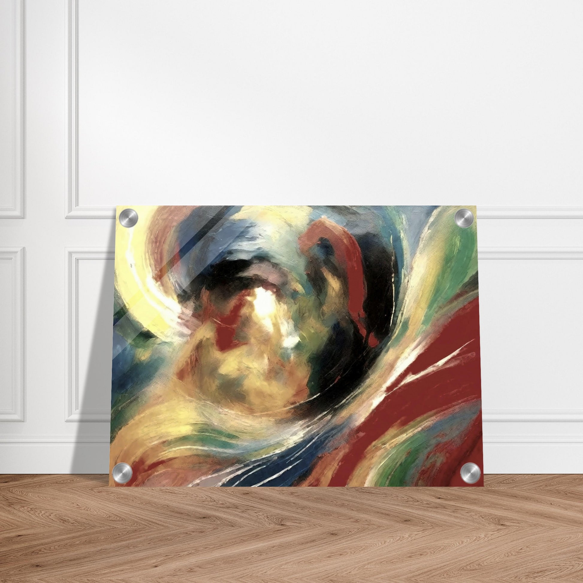 An abstract painting with swirling brushstrokes of vibrant colors, including red, yellow, blue, and green, creating a sense of dynamic movement