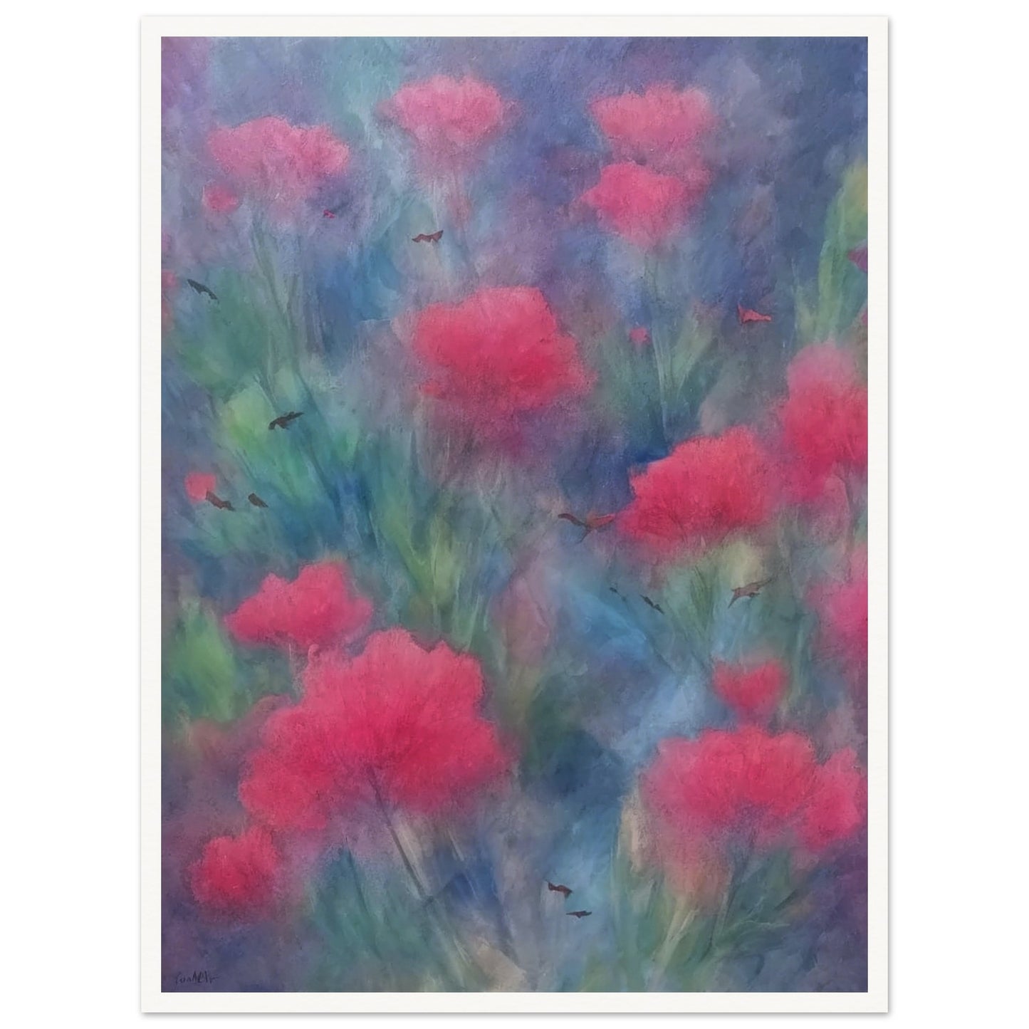 A soft-focus painting of vibrant pink flowers amidst a dreamy, blue and green background with delicate, scattered birds.