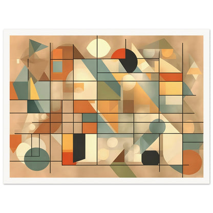 An abstract artwork with a geometric design, featuring intersecting lines, circles, triangles, and rectangles in soft shades of beige, orange, teal, and cream.