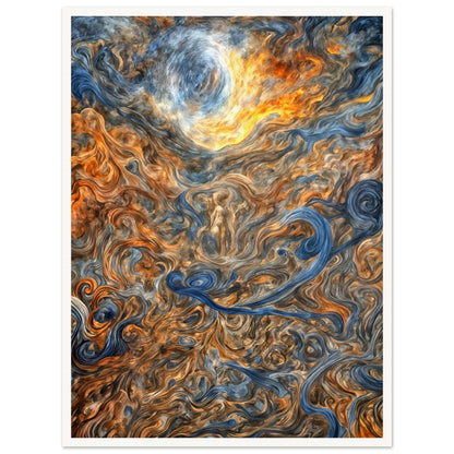 A mesmerizing depiction of swirling cosmic patterns with fiery orange, cool blue, and earthy brown tones, evoking celestial energy.