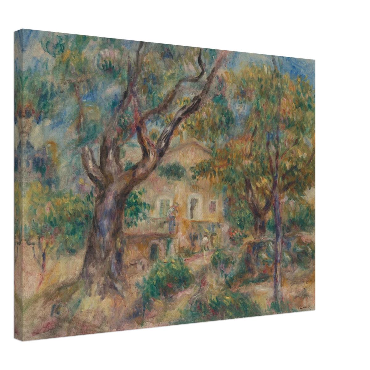 Sunlit farm buildings and trees at Les Collettes in Cagnes, painted with loose, vibrant brushstrokes.
