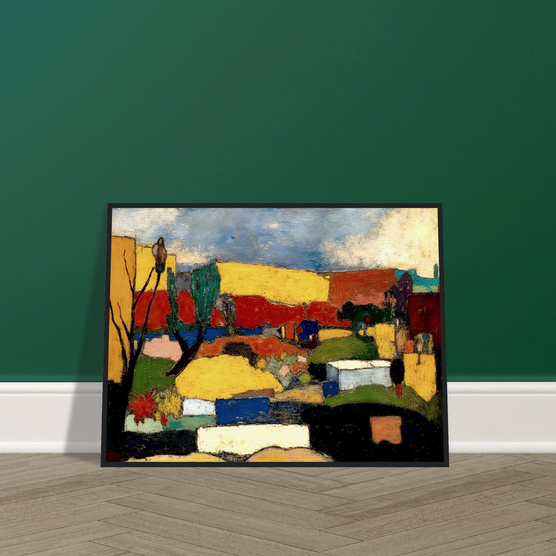 Colorful village nestled among rolling hills with bright rooftops, trees, and fields beneath a textured blue sky.
