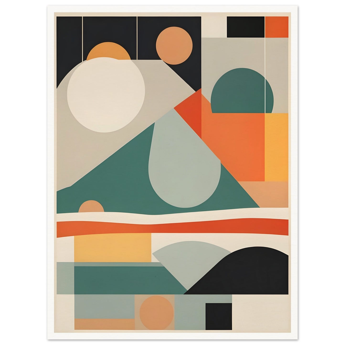 A geometric abstract painting with layered shapes resembling mountains, valleys, and the sun in earthy tones of teal, orange, beige, and black