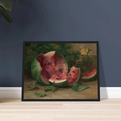 A cracked watermelon and red slices rest among green vines and leaves in a richly painted still life.