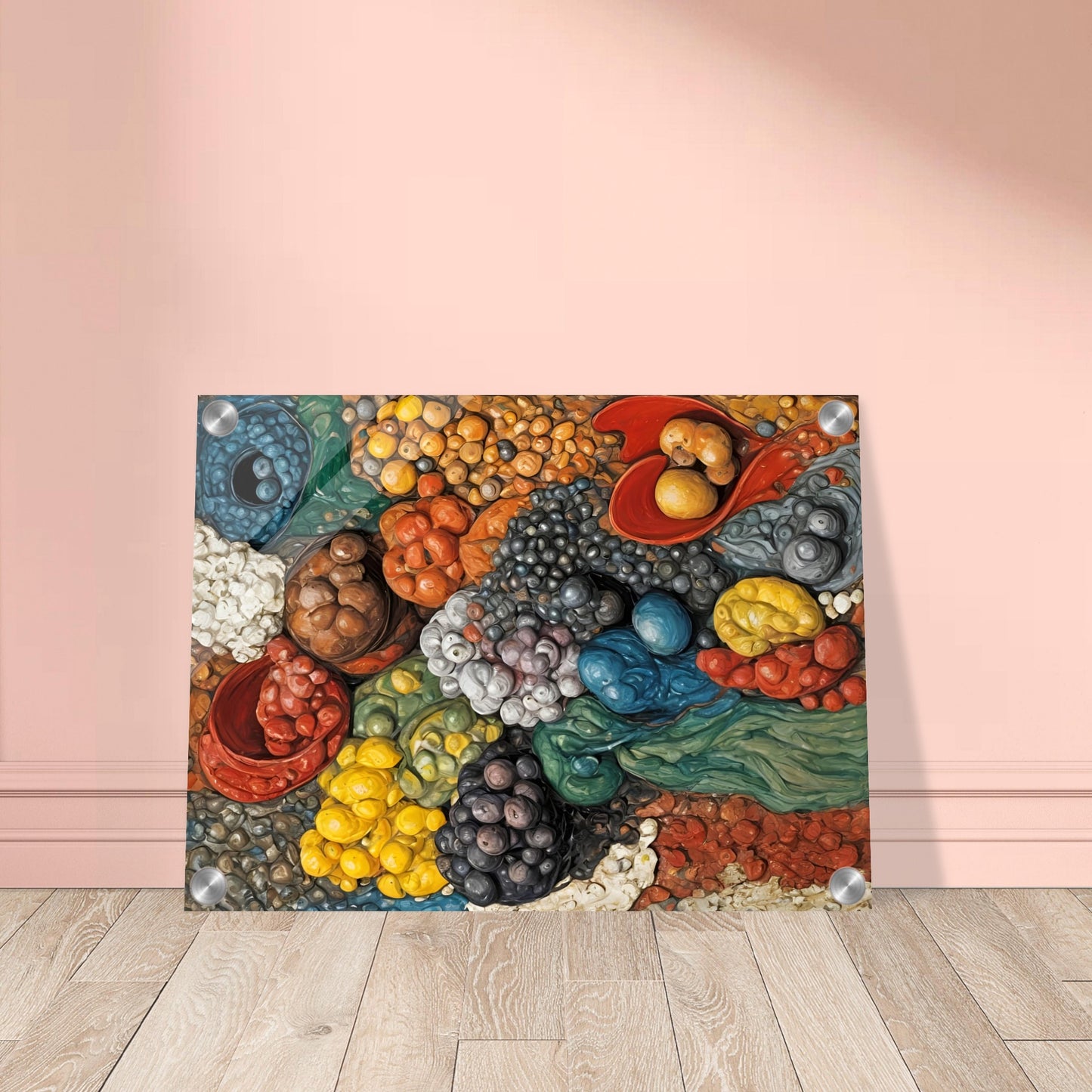 A vibrant, textured composition of assorted fruits, vegetables, and grains in a dynamic arrangement, bursting with rich colors and organic forms.