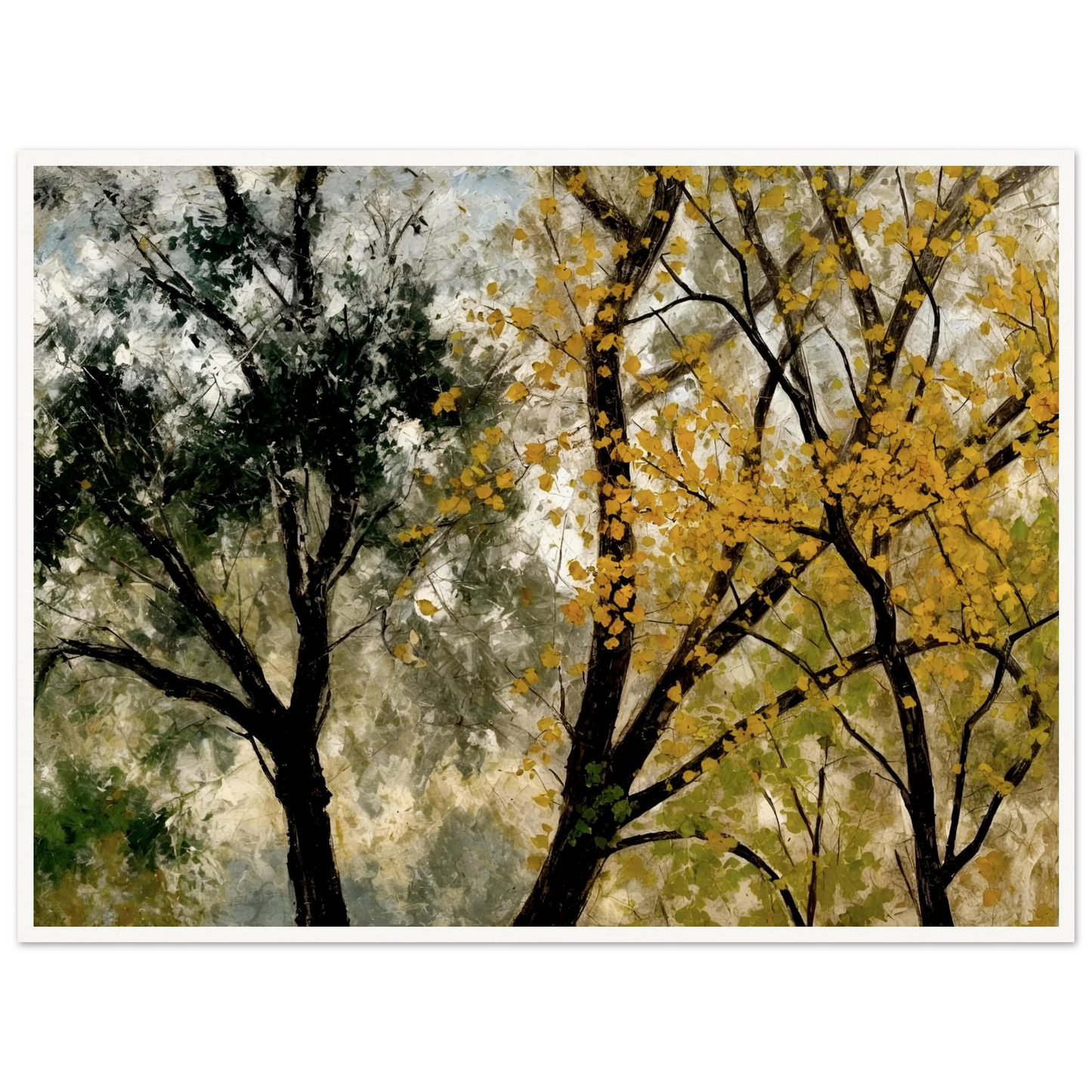 Two tall trees, one with golden yellow leaves and one with dark green foliage, stand against a softly textured sky.