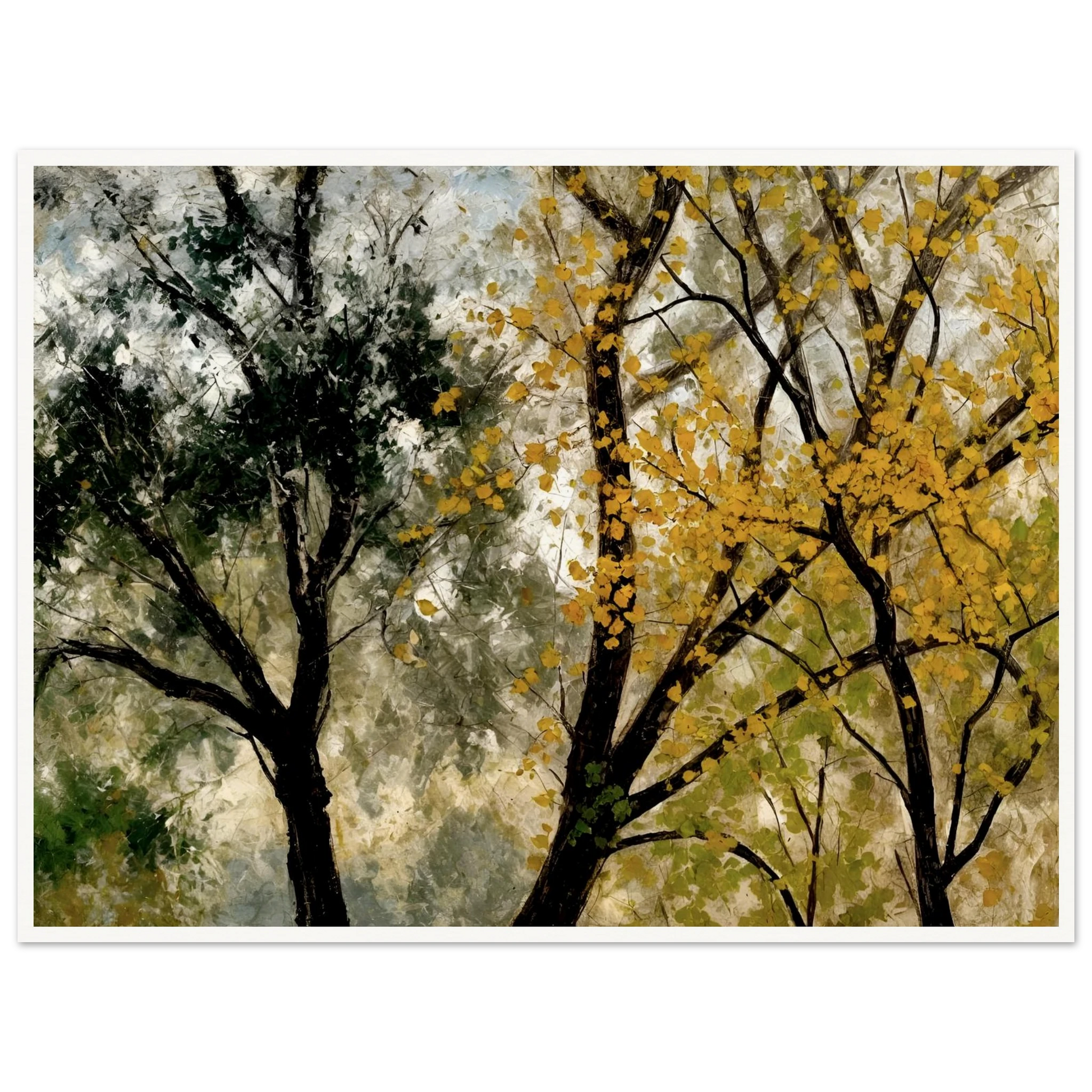 Two tall trees, one with golden yellow leaves and one with dark green foliage, stand against a softly textured sky.