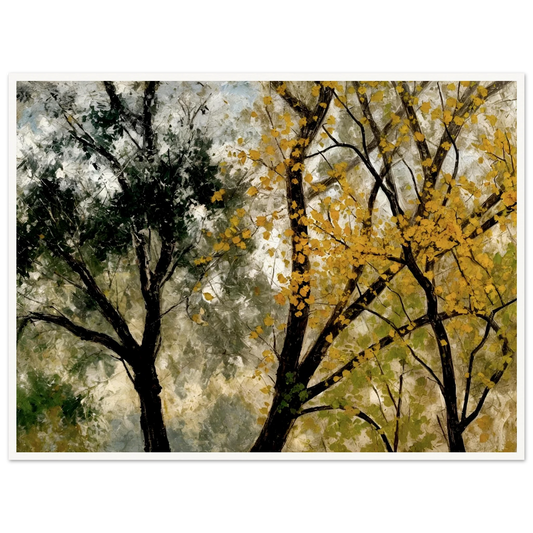 Two tall trees, one with golden yellow leaves and one with dark green foliage, stand against a softly textured sky.