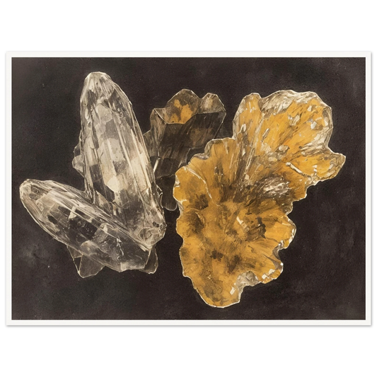 Shimmering gold and clear crystal-like formations set against a deep black background, evoking stillness and rare beauty.