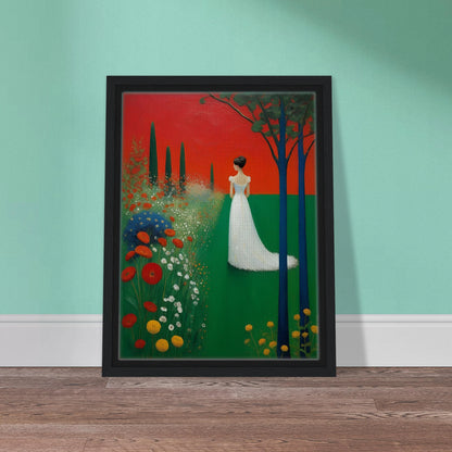 A woman in a white dress stands in a vibrant green field under a deep red sky, framed by dark trees and blooming wildflowers.