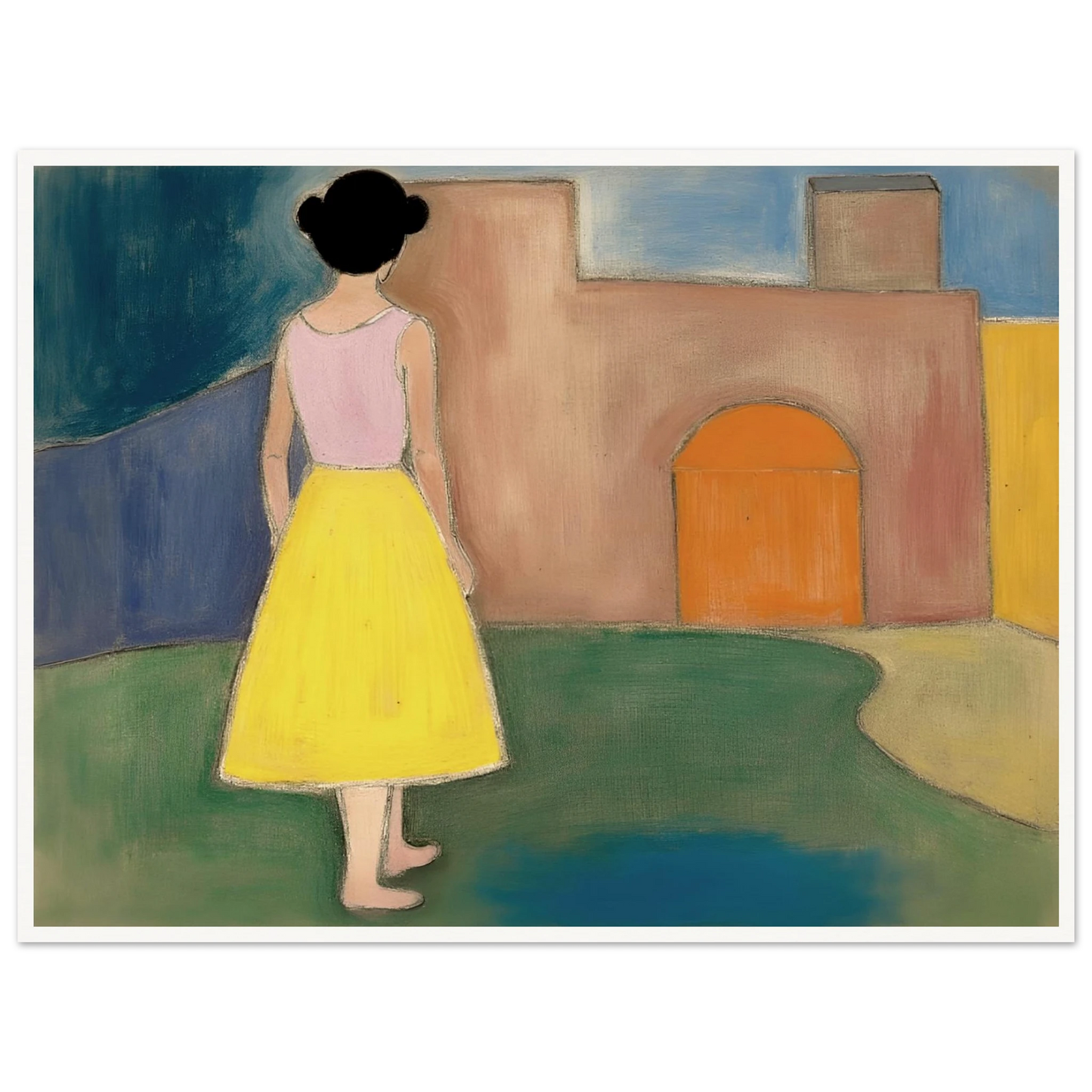 A girl in a yellow skirt faces a soft courtyard with an orange arched door and muted walls.