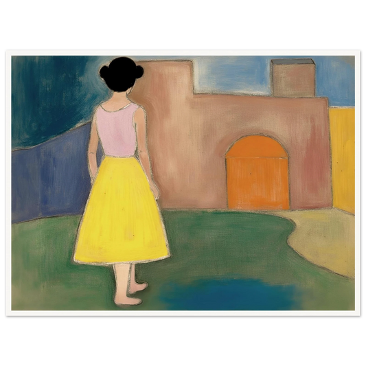 A girl in a yellow skirt faces a soft courtyard with an orange arched door and muted walls.