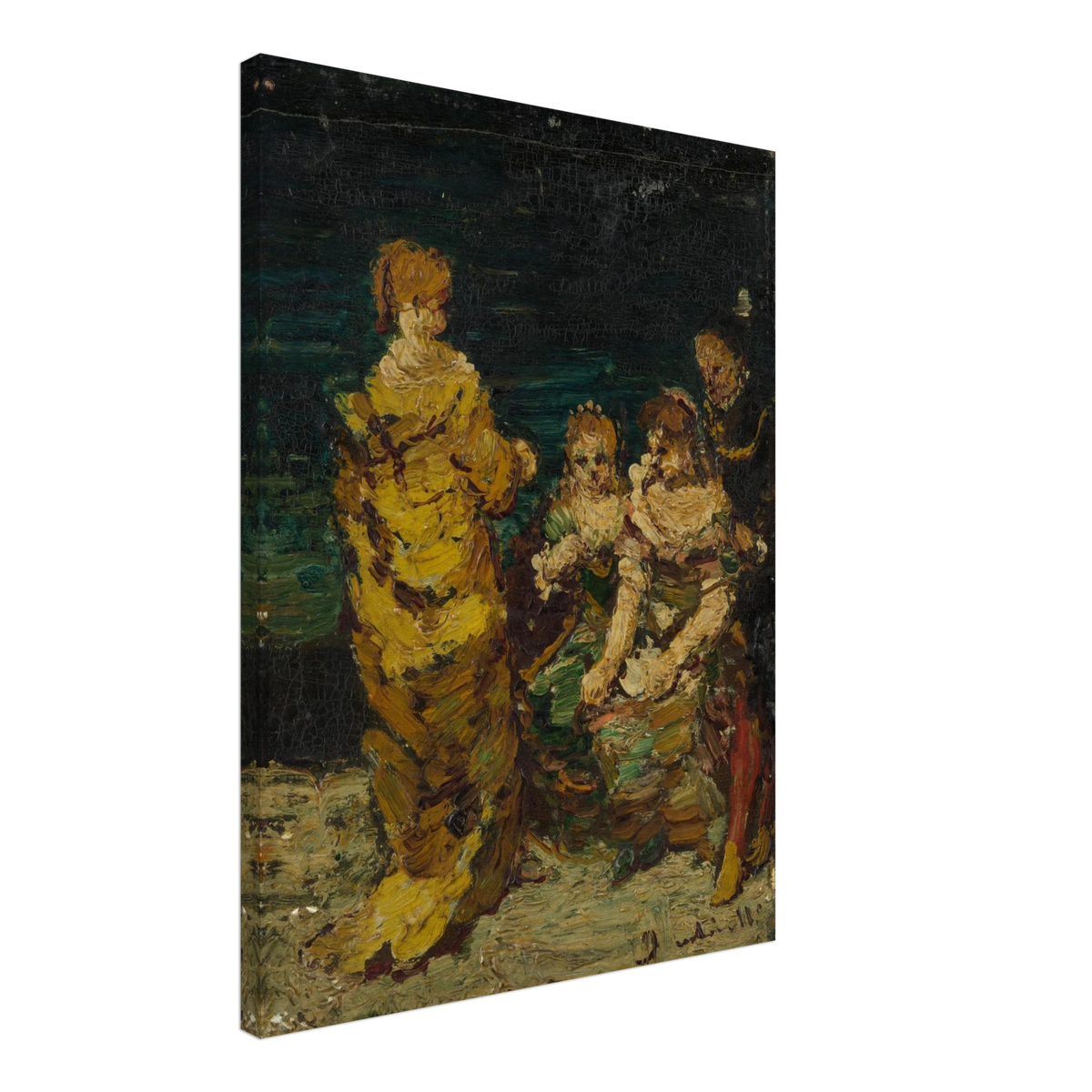 Four figures in rich period dress gather against a dark background with thick expressive brushwork.