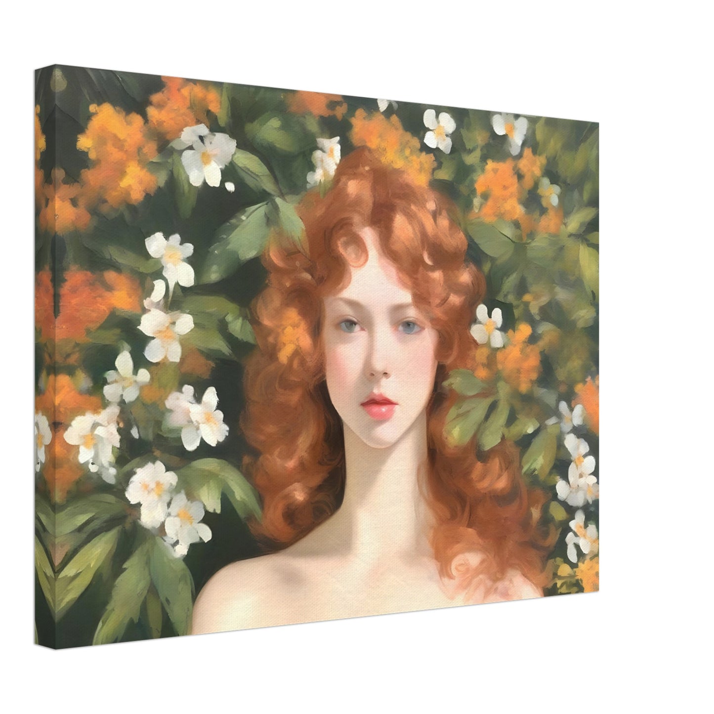 A delicate portrait of a woman with flowing red curls, surrounded by lush green foliage and blooming white and orange flowers, evoking a dreamlike elegance.