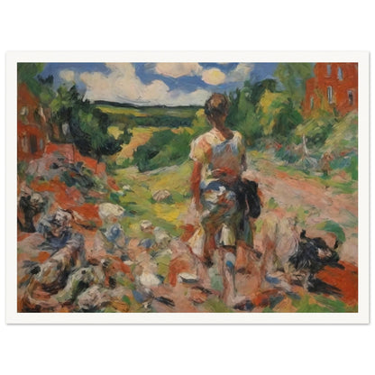 An expressive painting of a shepherd walking with a flock of sheep along a colorful, scenic countryside path.