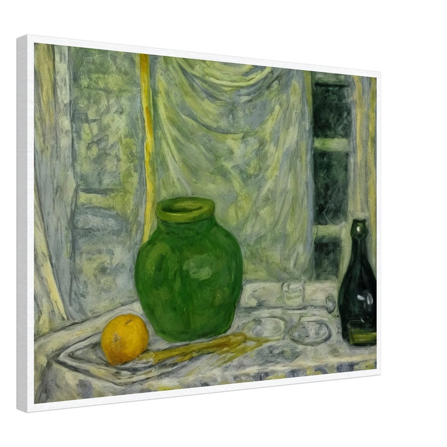 A still life painting featuring a green vase and bottle, alongside an orange on a draped table, set against a softly textured background.