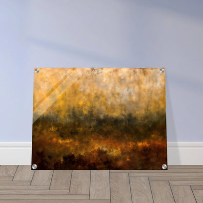 A moody forest silhouette emerges through golden mist and smoky amber tones, blending shadowy trees with glowing autumn light.