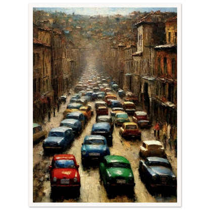 "A densely packed painting of colorful cars lined up in a busy city street, depicting the chaotic energy of a traffic jam on an urban road surrounded by tall buildings."