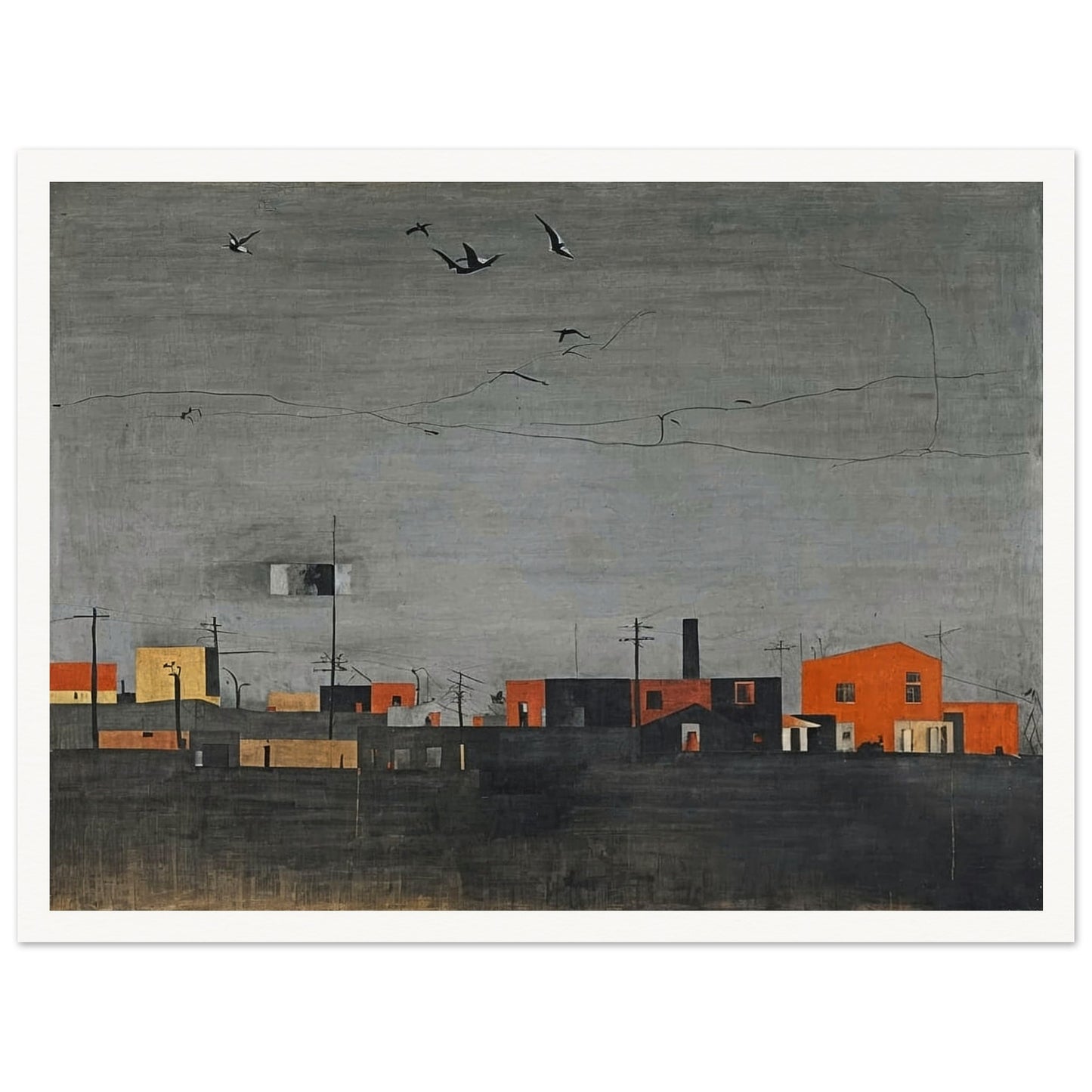 A muted, minimalist townscape with orange and black buildings under a gray sky. Birds are flying overhead, adding a sense of quiet desolation.