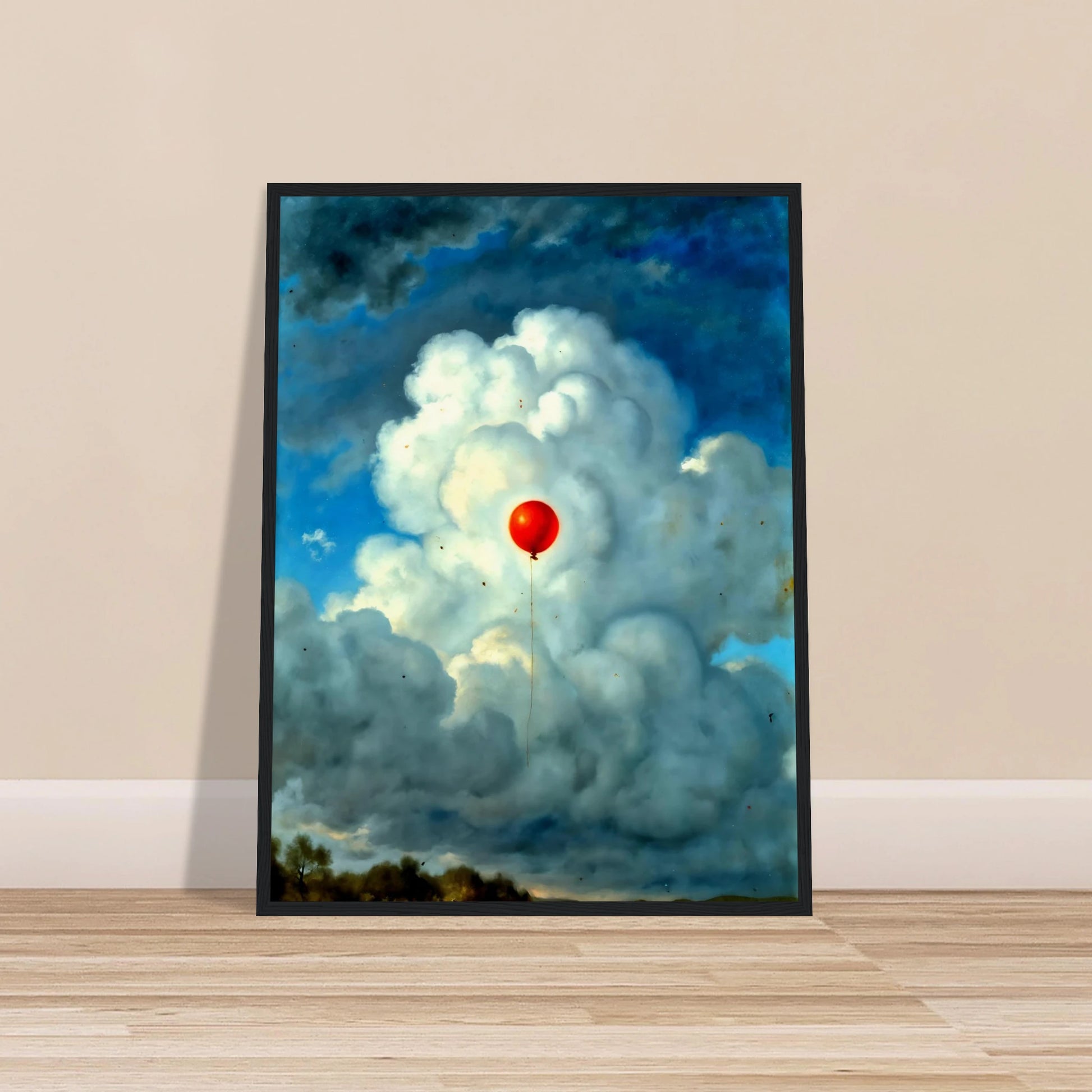 Single red balloon floating through towering white clouds against a dramatic blue sky, creating a surreal scene of hope and wonder.