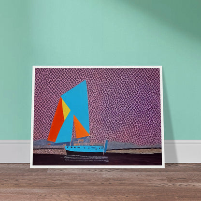 A sailboat with bright, geometric sails of blue, orange, and yellow floats on dark waters beneath a purple, textured sky, evoking adventure and vibrancy.