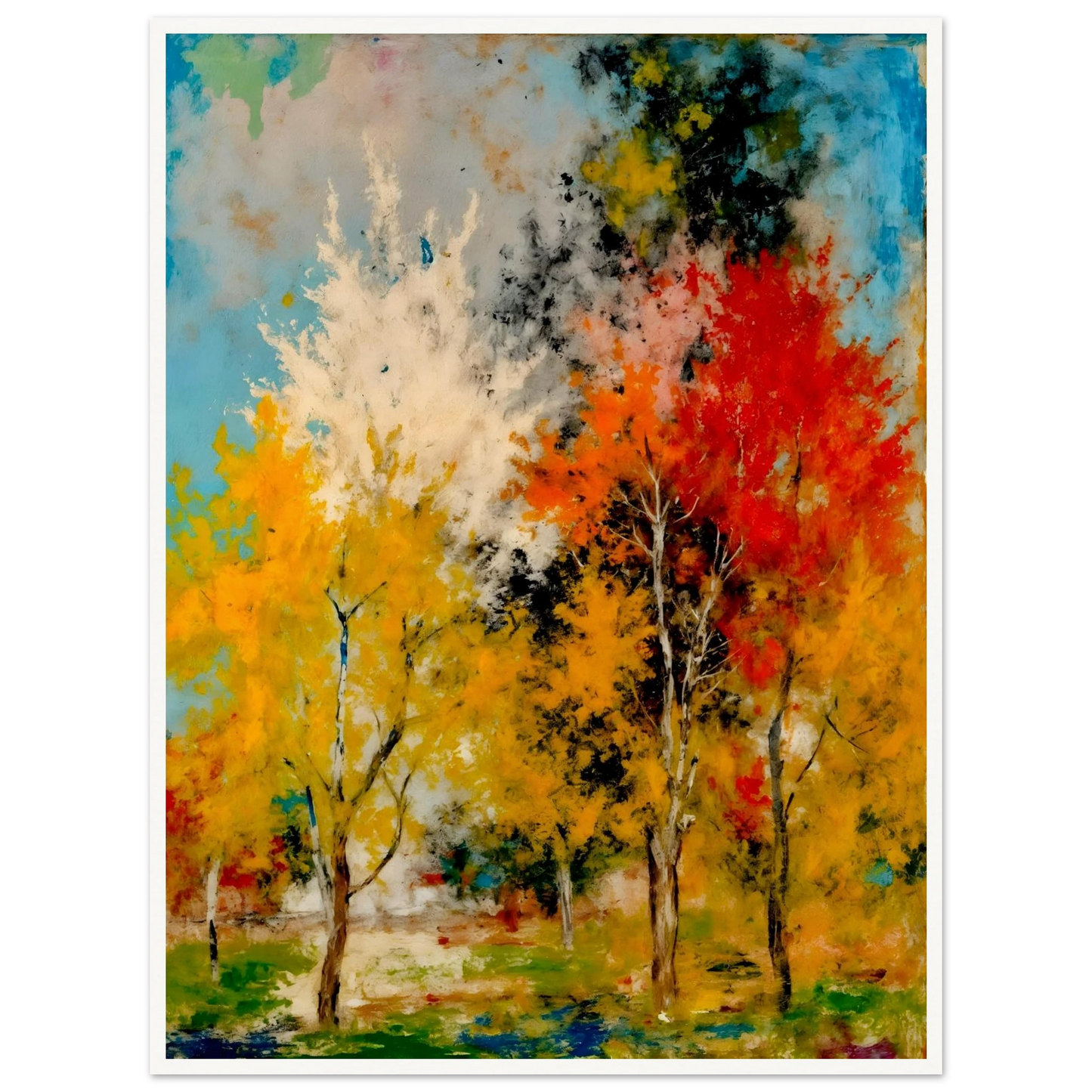 A vivid woodland painting of golden and crimson autumn trees beneath bright blue skies, bursting with expressive seasonal color.