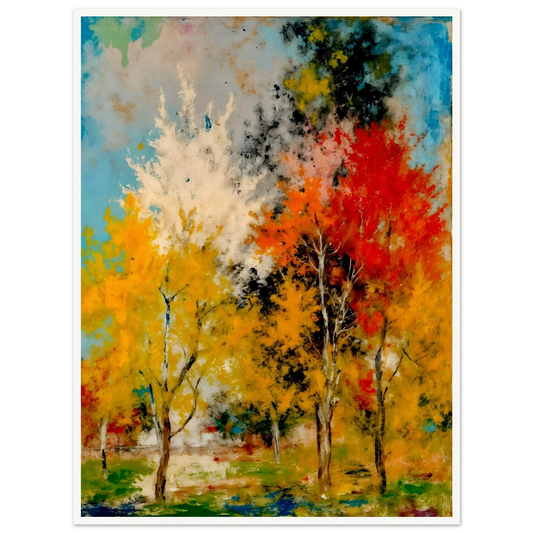 A vivid woodland painting of golden and crimson autumn trees beneath bright blue skies, bursting with expressive seasonal color.