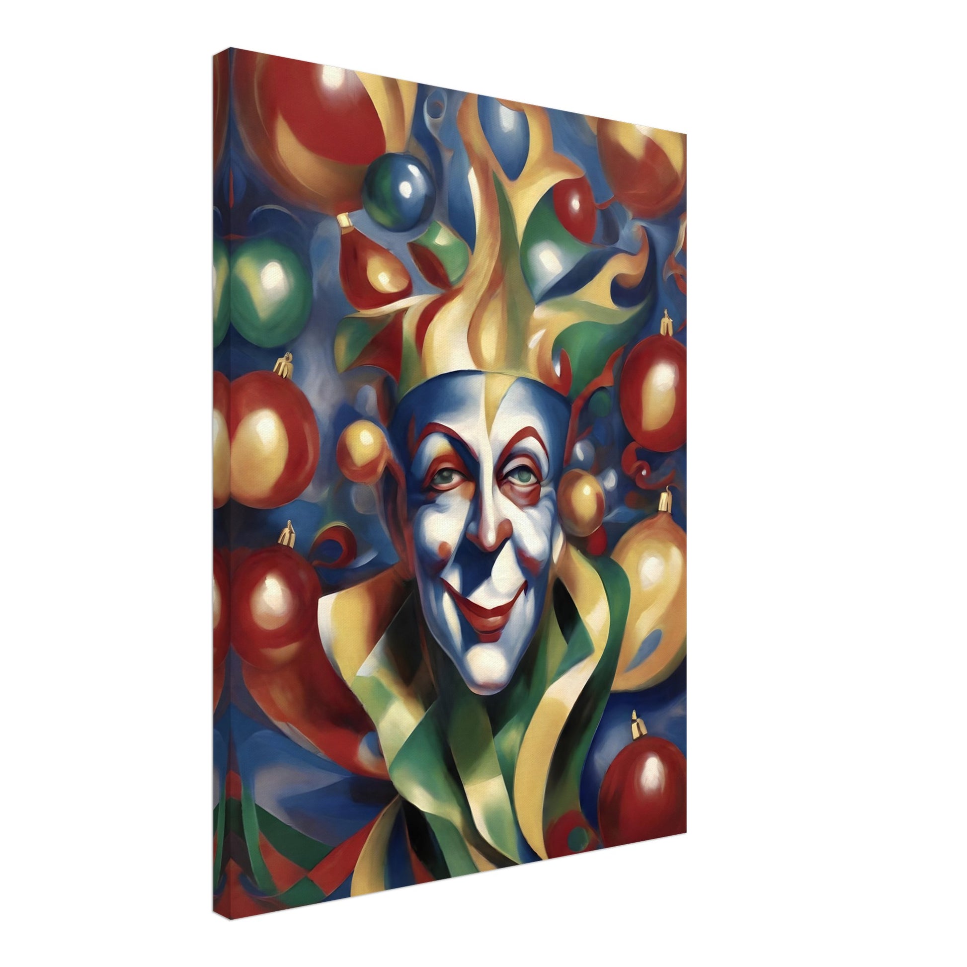 A vibrant painting of a whimsical jester with colorful face paint, surrounded by festive ornaments in red, gold, green, and blue hues.