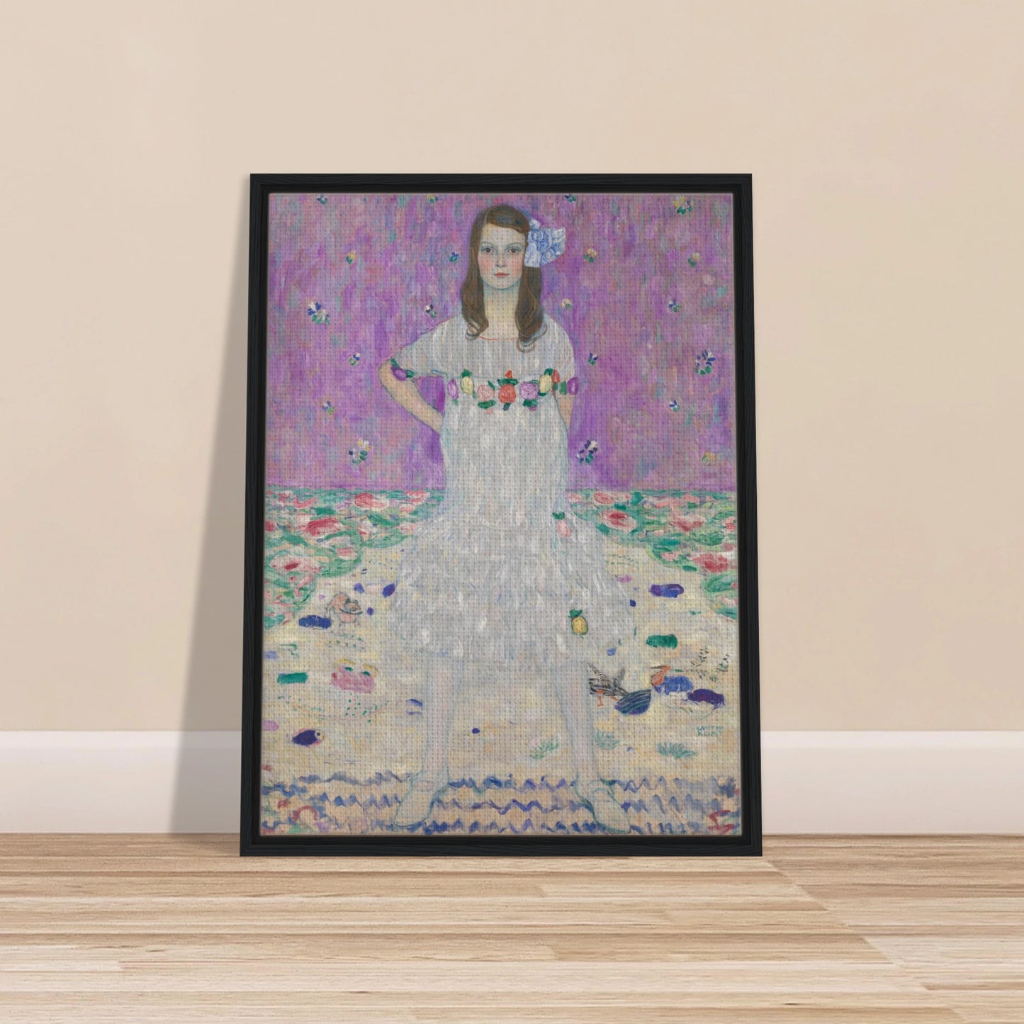 Young girl in a white floral dress stands against a pink patterned background