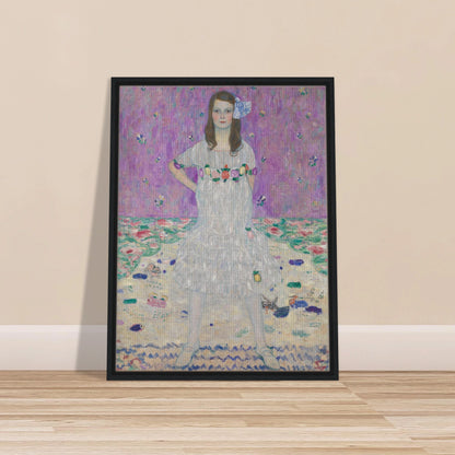 Young girl in a white floral dress stands against a pink patterned background