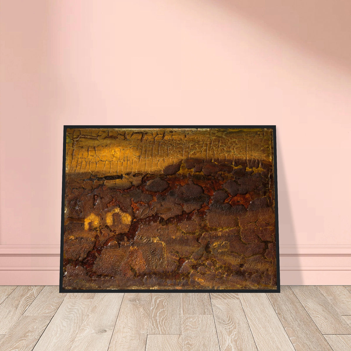 A textured earthwork surface in cracked brown, ochre, and gold tones with layered organic relief.