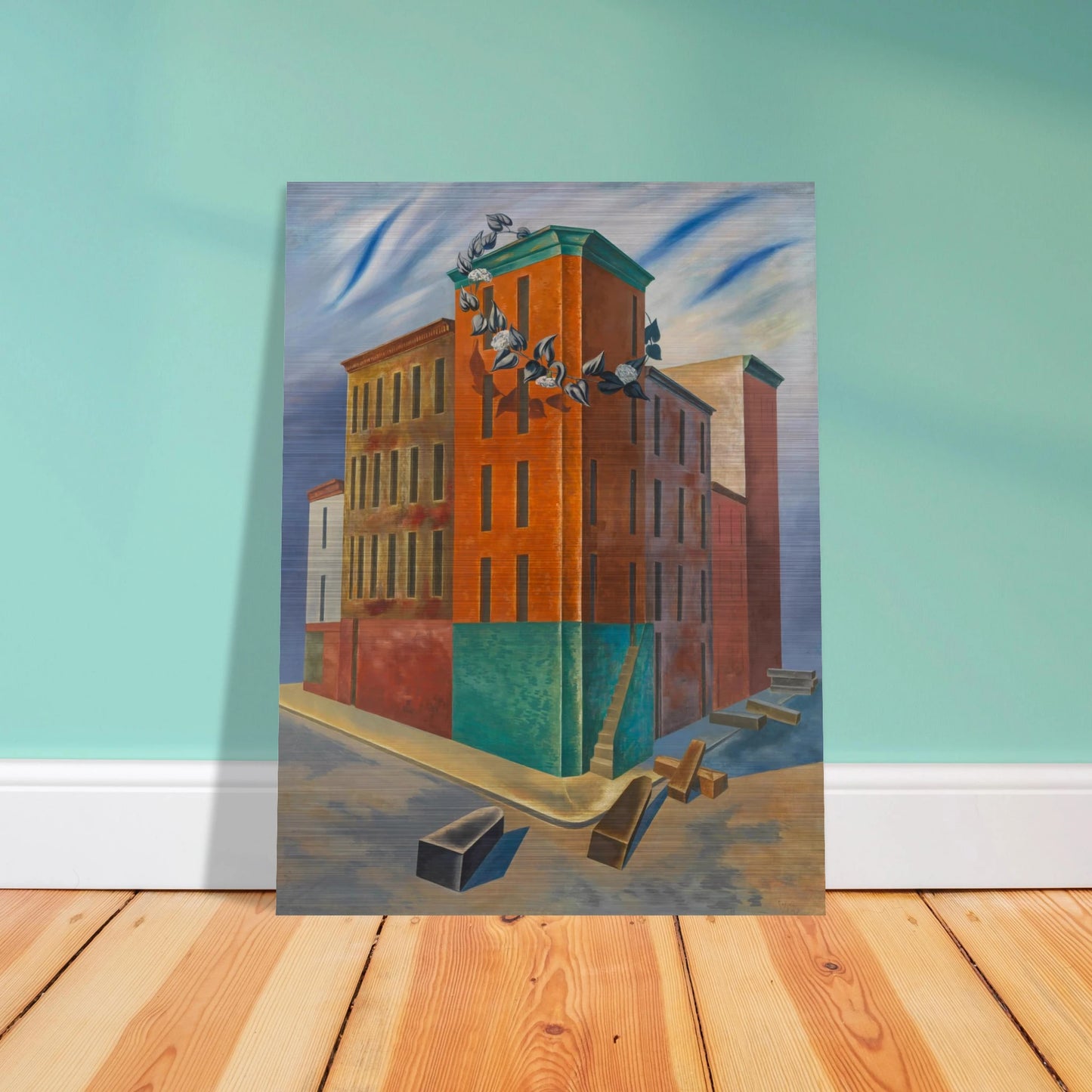 Colorful tenement buildings rise over an empty street with scattered blocks and a flowering vine beneath a blue sky.