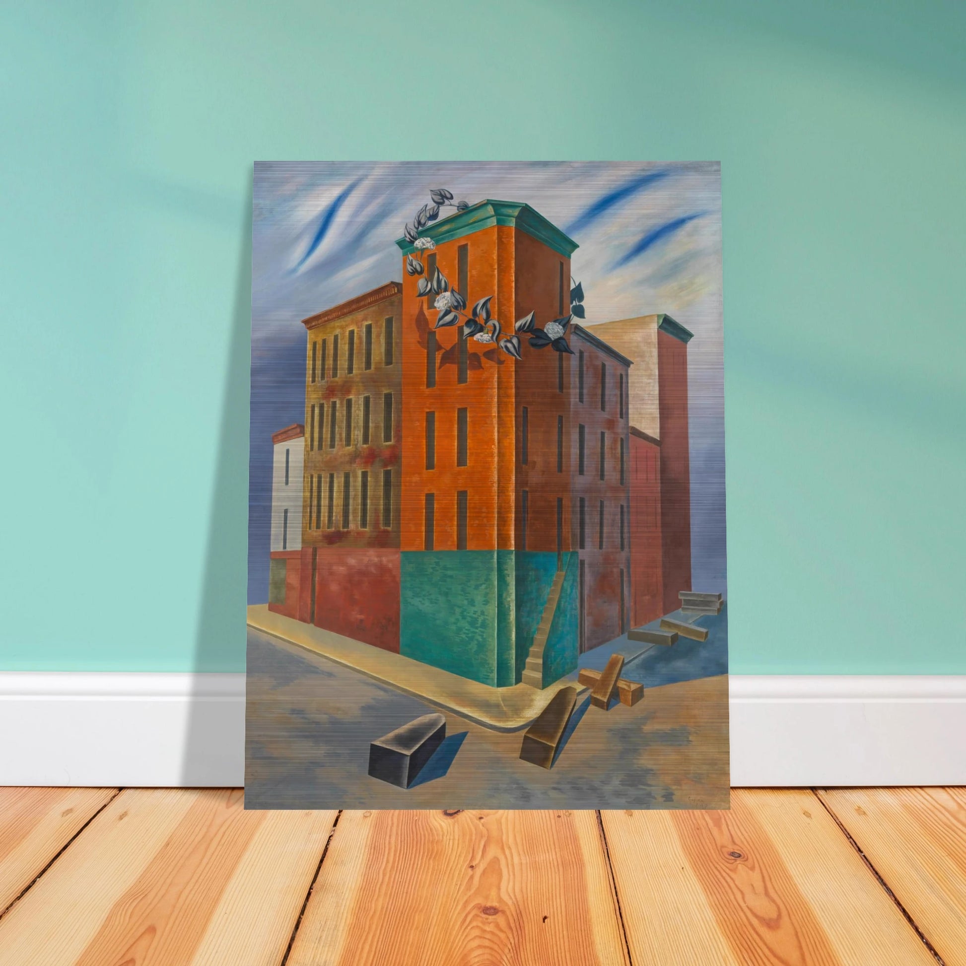 Colorful tenement buildings rise over an empty street with scattered blocks and a flowering vine beneath a blue sky.