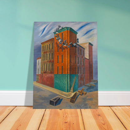 Colorful tenement buildings rise over an empty street with scattered blocks and a flowering vine beneath a blue sky.