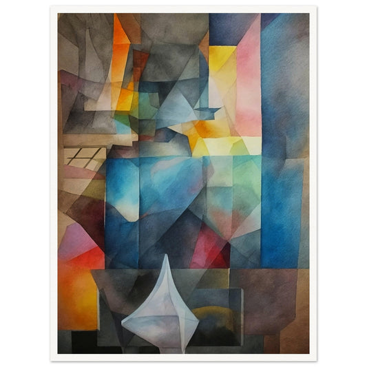 A colorful abstract painting with geometric shapes in various hues creating a harmonious composition.