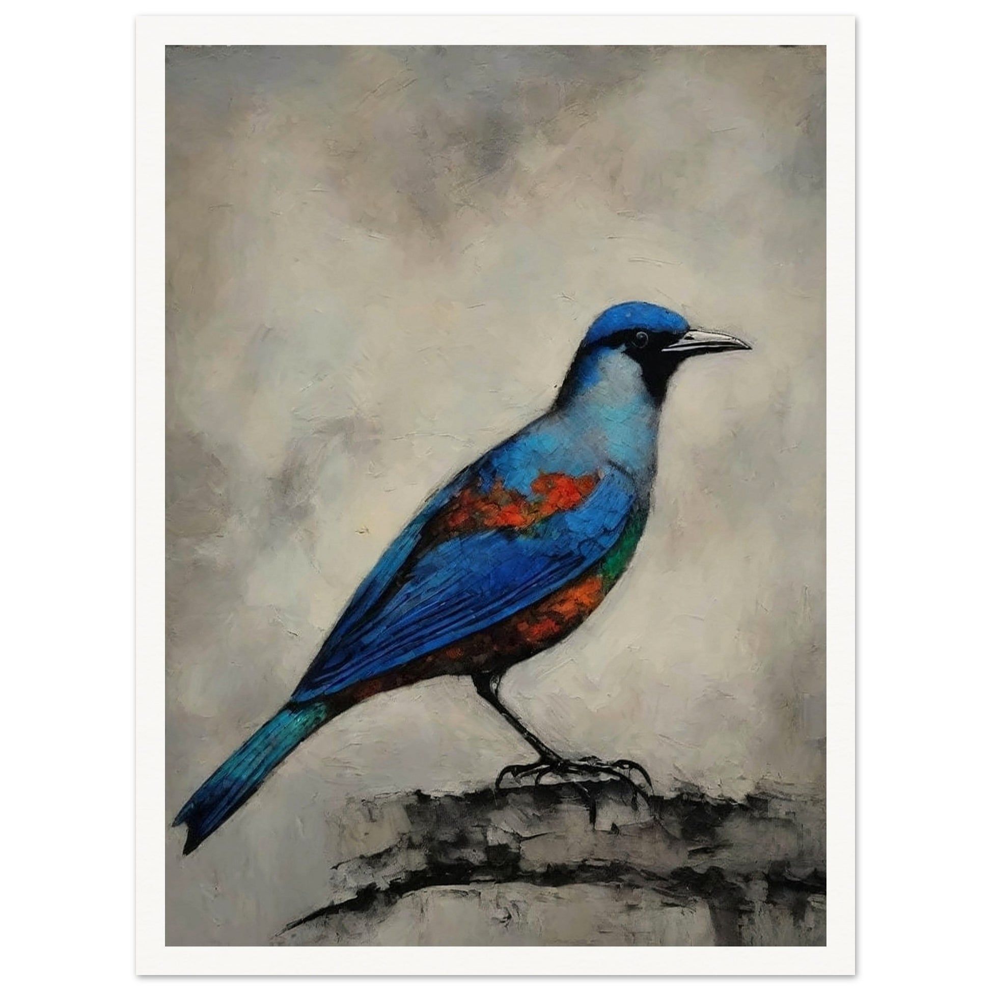 A vibrant painting of a blue bird with orange and green accents perched on a textured surface, set against a neutral background.