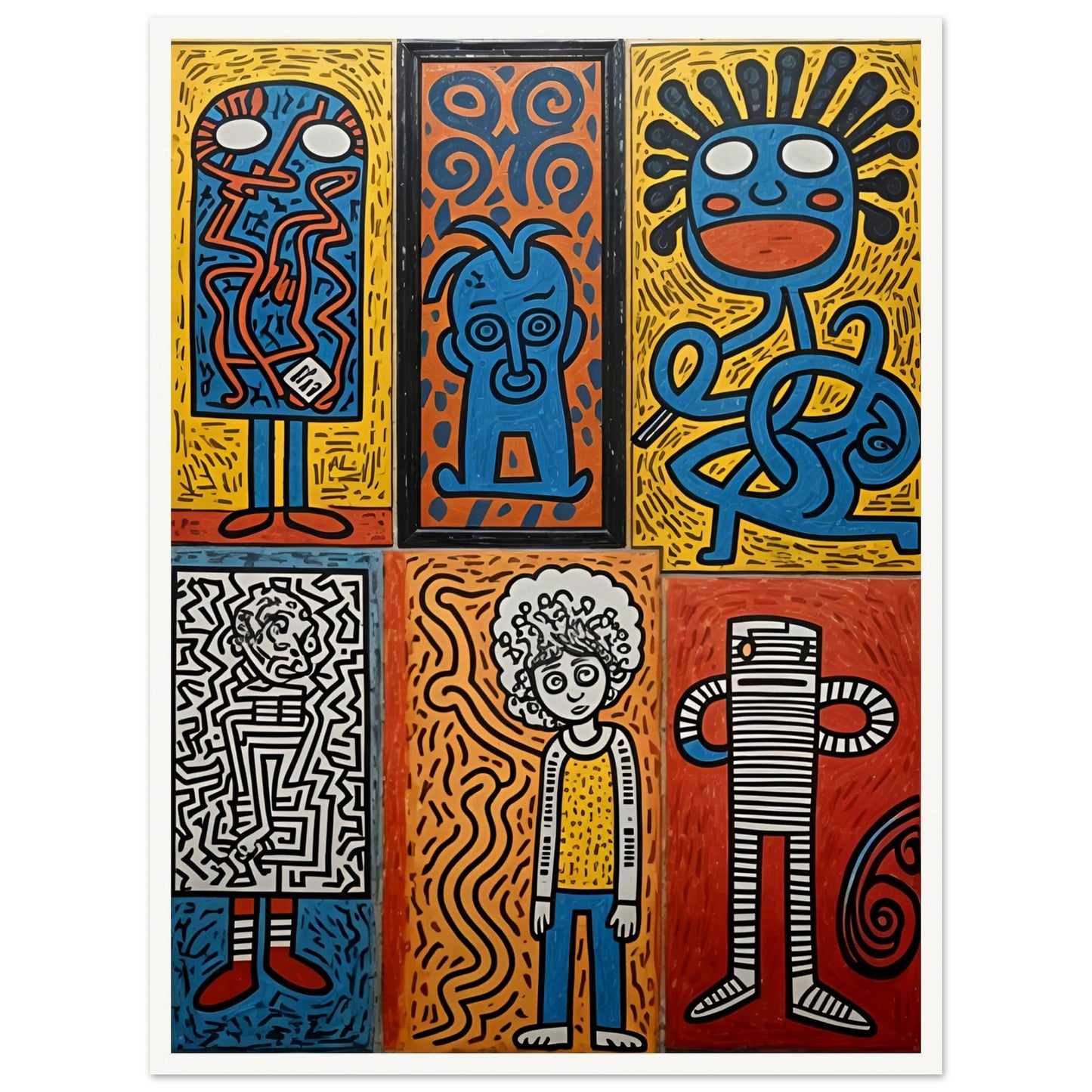 A bold and colorful artwork featuring six unique abstract faces in a pop-art style, with vibrant blues, reds, yellows, and intricate patterns.